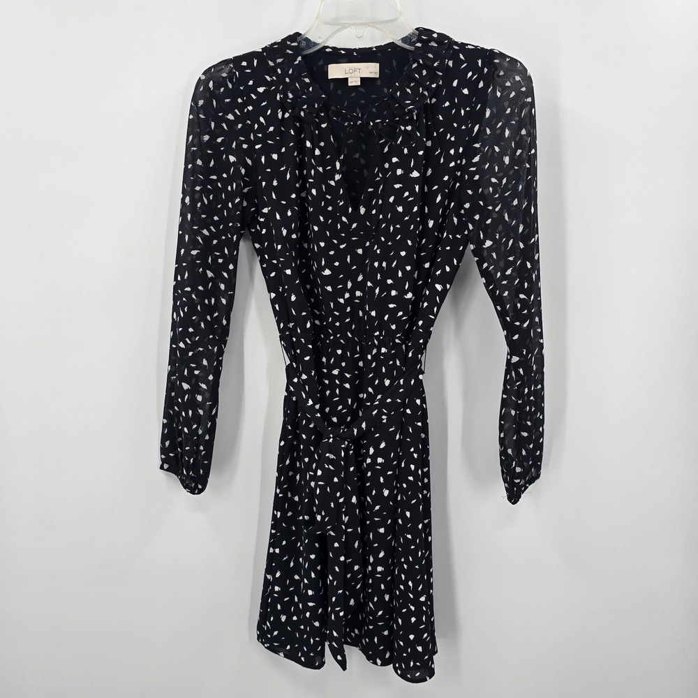 Ann Taylor LOFT Petites Black White Abstract Print Long Sleeve Belted Dress 00P